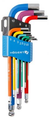 Набор шестигранных ключей удлиненных, Г-образных с шаровым наконечником и цветовой маркировкой 1,5-10 мм. CrV , 9 шт. HOEGERT HT1W806 ― HOEGERT